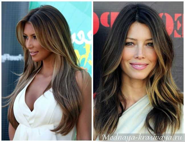 Мелирование на темные волосы средней длины, фото до и после